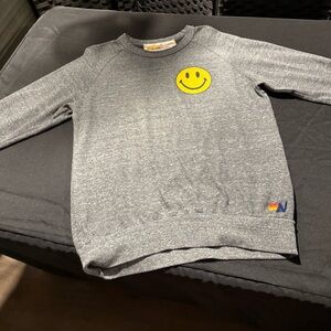 Aviator Nation Gray Crewneck Sweater with Yellow Smiley